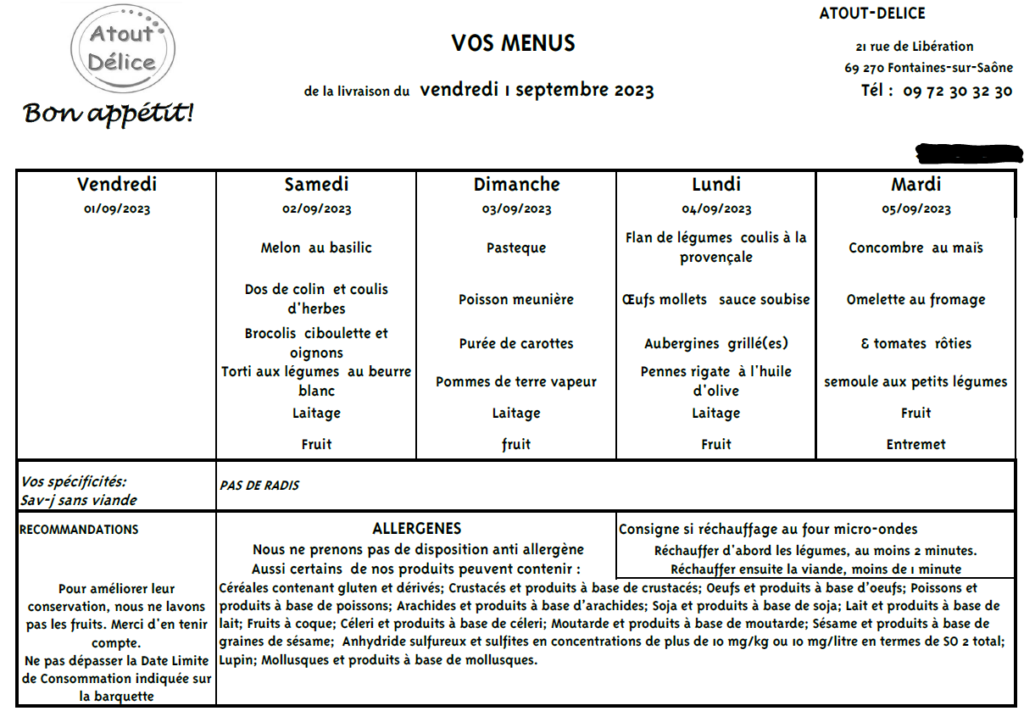 Exemple des menus pour le régime sans viande