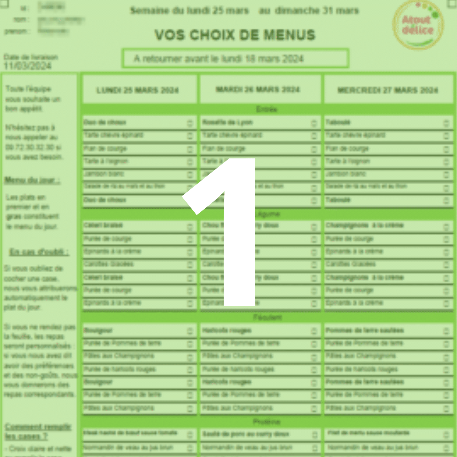 Menu livraison de repas à domicile